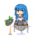 tenshi on a rock eating a peach